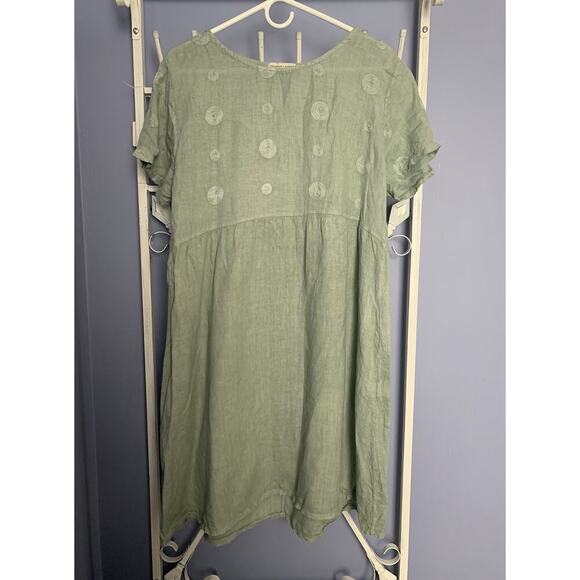 Terzo Millennio Dress Womens Medium 100% Linen Green Embroidered Boho Cottage - Picture 1 of 4